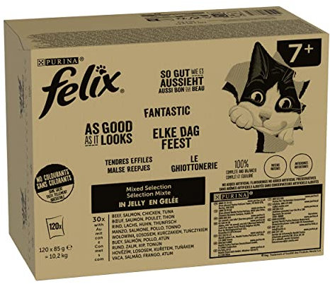 FELIX So gut wie es aussieht Senior Katzenfutter nass in Gelee, Sorten-Mix, 120er Pack (120 x 85g) Rind, Lachs, Huhn, Thunfisch