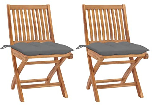 vidaXL 2X Teak Massiv Gartenstuhl mit Grauen Kissen Klappbar Holzstuhl Stuhl Stühle Klappstuhl Gartenstühle Terrasse Balkon Gartenmöbel