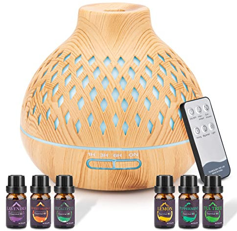 SPLITSKY 400ML Essential Oil Diffuser,Remote Control Aroma Diffuser with 6 Essential Oils Gift Set,Electric Scent Nebulizer Air Humidifier with 14 Colour Lights for home,bedroom