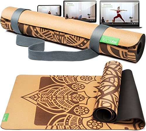 BACKLAXX ® Yogamatte Kork mit Naturkautschuk - FAZ Testsieger 07/2025 - Yoga Matte nachhaltig, schadstofffrei, Yogamatte rutschfest, Fitnessmatte mit Anti-Rutsch-Zonen inkl. Tragegurt, Turnmatte