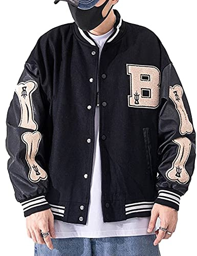 Moshtashio Giacca Uomo da Baseball Varsity Jacket Vintage Cappotto Unisex Lettera Felpa Motociclista Giubbotto da Coppia (Nero, XS)