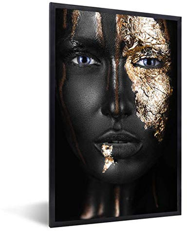 MuchoWow Poster Bilder Wanddeko Deko Wohnzimmer 60x90 cm Frau - Blattgold - Schwarz - Gold - Luxus