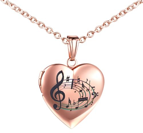 INFINIONLY Damen Mädchen Herz Medaillons Halskette Mode Edelstahl Ketten mit Buntes Musiknoten-Muster Souvenir Anhänger Rosegold Personalisierte Foto Kette