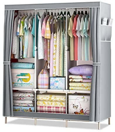 Tragbarer Kleiderschrank aus Segeltuch, Faltbarer Kleiderschrank, Aufbewahrungsorganisator mit Kleiderstange, Regalen, Seitentaschen, Stoffschrank für Kleidung, Taschen, grau, 125 x 45 x 168