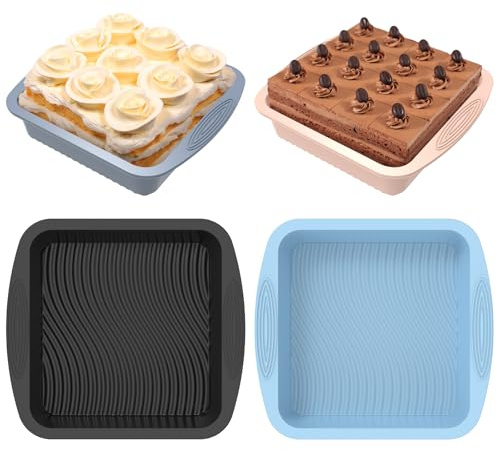 NIHUIFDPY 4 moldes cuadrados de silicona para tartas, moldes para horno, bandejas silicona antiadherentes sin BPA, 26 x 25,5 x 5 cm, moldes para tartas de brownies, pasteles, pan