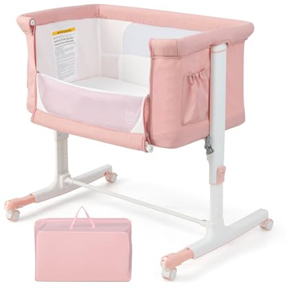 GOPLUS 3-i-1 sidosäng, bärbar resesäng med vägningsläge, avtagbar madrass, väskor och låsbara hjul, babysäng, höjdjusterbar, barnsäng för baby upp till 9 kg (rosa)