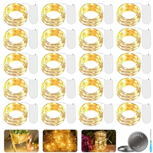 GOMETY 20 stycken 2 m mini LED-ljuskedja med batteri, 20 LED koppartråd ljuskedja batteridriven ljusslinga inomhus vattentät fairy Light för gör-det-själv fest bröllop jul dekoration