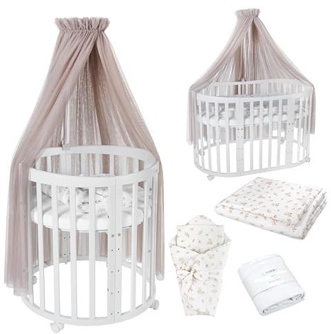 waldin Babybett Oval 7in1, Matratze, Rollen, Regal, Weiß | Taupe Zweige, Mitwachsend, Beistellbett aus Holz, Wiege optional