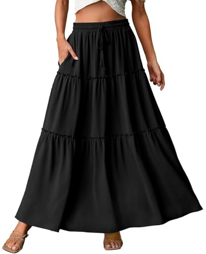 Genfien Jupe Femme Longue Maxi Plissée en Ligne A Bohême Tour de Taille Elastique Jupe avec Poches