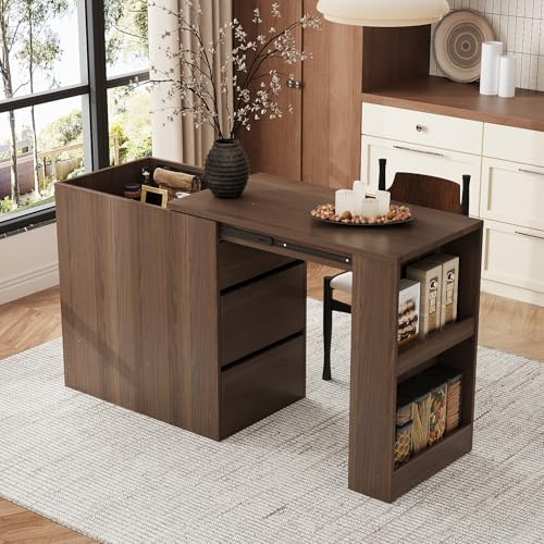 Tavolo per computer Scrivania allungabile, estensibile, libreria girevole, cassetti, armadi, spazio aperto per studio, soggiorno, ufficio, 150 x 45 x 75 cm, MDF