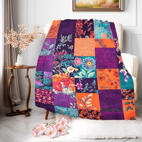 Coperta in Peluche Flower Patchwork Or Purple Teal Design Copriletto Confortevole Coperte Durevole Coperta di Flanella per Camera da Letto Divano Tutte Le Stagioni S