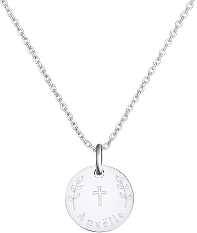 Moments Précieux Collier personnalisé baptême, dessin Croix & Rameaux, argent - Idée cadeau pour Noël - Anniversaires - Baptême - Communion