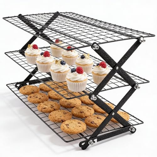 Cooling Rack, Collapsible Cooling Rack, Stackable Cake Cooling Rack for Cooking and Baking, Kitchen Baking Accessories for Bread, Cookies, Muffins, Iron Wire Baking Cooling Rack(Three-layer)
