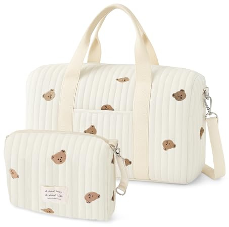 PinDaito Wickeltasche Kliniktasche Geburt Große 2er Set, Wickeltasche Kinderwagen für Mamas, Krankenhaustasche, Mommy Bag aus Baumwolle mit Stickerei, für Geburt im Krankenhaus, Reisen, Kinderwagen