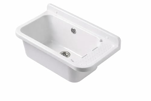 Évier mural/poste d’eau utilitaire 60 cm en polypropylène blanc – Bonde inox + trop-plein – Cuve 45x25x21 cm – Intérieur/extérieur