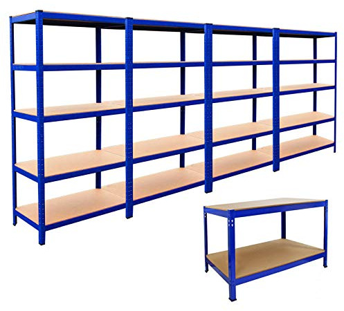 4 x Lagerregal Regale- Garage Steckregal Stahlregal Werkstattregal 180cm x 90cm x 45cm höhenverstellbar & Q-Rax Werkbank Werktisch Montagewerkbank 120cm Blau im Set ink.Gummihammer|