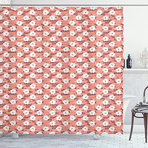 ABAKUHAUS Sommer Duschvorhang, Pastellblüten von Hibiscus, Stoffliches Gewebe Badezimmerdekorationsset mit Haken, 175 x 180 cm, Koralle und Weiß