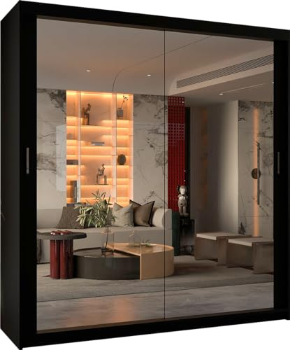 Double Sliding Doors Wardrobe Bedroom Furniture Cupboard Clothes Storage Organiser Hanging Rail Shelves (150 CM, BLACK)