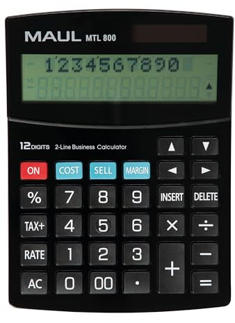 Maul Taschenrechner MTL 800 | Kaufmännischer Tischrechner für Büro | Taschenrechner zweizeilig mit 12-Stellen Display | inkl. Steuerrechnung und Korrekturfunktion | Solar/Batterie | Schwarz