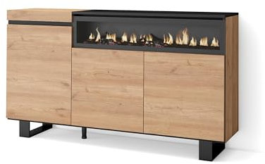 Skraut Home | Aparadores para salón | Gran Capacidad de almacenaje | 150x87x35cm | 3 Puertas | Chimenea eléctrica | Diseño Industrial | Estilo Moderno | Roble y Negro