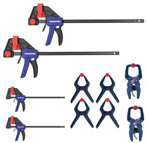 WORKPRO 10-Pack Clamps for Woodworking, 12 & 6 Bar Clamps, 2 Quick-Release Ratcheting Wood Clamps and 4 Spring Clamps, Light Duty F Clamps/Spreader 150 LBS Load Limit