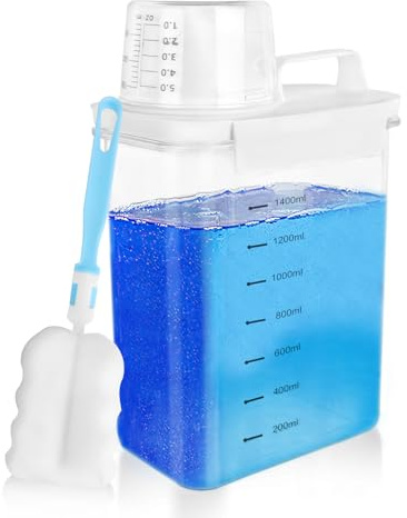 Upgrade 1800ml Distributeur Lessive Liquide étanche avec doseurs,Transparent doseur lessive poudre avec échelle gradué, PET BPA Free Boîte de rangement de détergent avec couvercle verrouillable manche