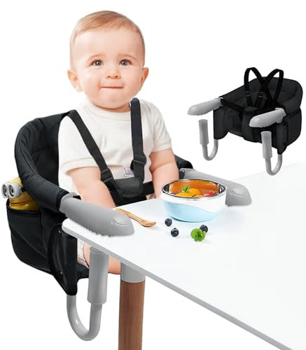 FIVMEN Siège de table pour bébé - Pliable - Avec ceinture de sécurité en une pièce et rembourrage de dossier - Pour la maison et les déplacements - Jusqu'à 15 kg - Noir
