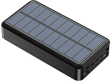 Batterie Externe Solaire 100 000 mAh avec Technologie Qi sans Fil, Powerbank, Batterie Externe Portable avec Lampe de Poche LED, Chargeur Portable pour iPhone, Android, Samsung, Noir