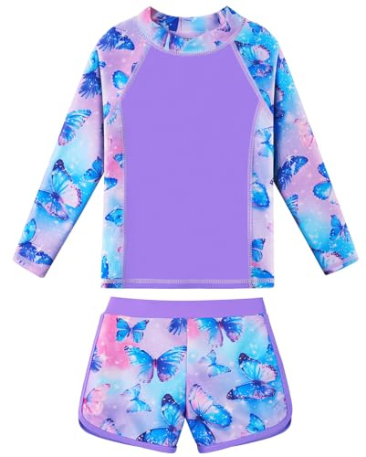 ZNYUNE Mädchen Jacquard Zweiteilige Langarm Badeanzug Schnelltrocknend UV Schutz 50+ Schwimmanzug Girls Swimsuit von 3 bis 16 Jahren S508 PurpleButterfly 12A