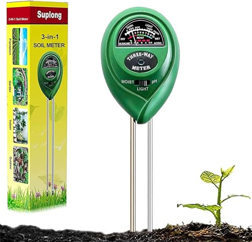 Suplong Misuratore di umidità del suolo 3 in 1, sonda in acciaio inox aggiornato, misuratore di pH/luce/umidità per piante, tester del suolo per giardino, fattoria, prato, interni ed esterni (senza