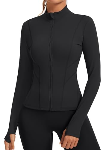 Rapbin Damen Laufjacke Sport Oberteil Sportjacke Langarm Gym Tops Atmungsaktive Leichte Trainingsjacke für Yoga Gym Fitness Mit Daumenloch und Seitlichem Reißverschluss（Schwarz，M）