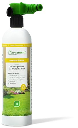 RASENBLITZ Rasendünger Sommer flüssig 1 L – flüssiger Rasendünger für starken Rasen trotz Hitze – ideal zur Ergänzung zu Rasensamen – inkl. Sprühflasche – Anwendung direkt am Gartenschlauch