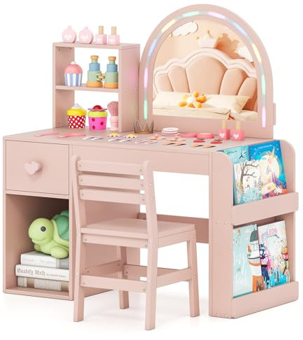 Costzon Kids Vanity, Girls Vanity Set with Lighted Mirror, Bookshelf, Drawer, Storage Cabinet & Shelves, Toddler Makeup Vanity Desk Dressing Table, Wooden Kids Vanity Table and Chair Set (Pink)
