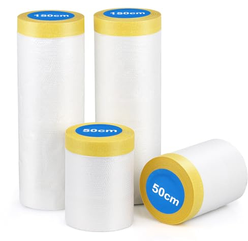 BOMEI PACK 4 Rollen Insgesamt 80m Abdeckfolie mit Klebeband für Malerarbeiten, Staubschutz für Möbel (55&150cm)