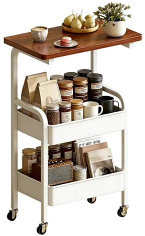 3 Tier Metal Rolling Utility Cart Organizer with Walnut Table Top, Stable and Sturdy Rolling Storage Carts with 2 Lockable Wheels for Kitchen，Bathroom，Snacks，Coffee，Craft，Baby Essentials (White)