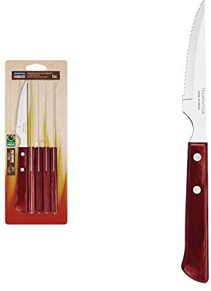 TRAMONTINA - Juego de Cuchillos Churrasco, para Asado, en Acero Inoxidable y Mangos de Madera Polywood en Color Rojo, Cubiertos con Remaches de Aluminio, 6 Piezas, Tamaño de 4
