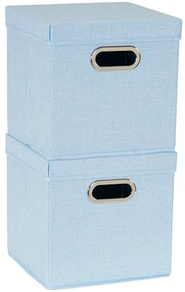 Household Essentials 816-1 Café Cube Bin Storage Set with Lids and Handles | 2 Pack, Baby Blue Linen