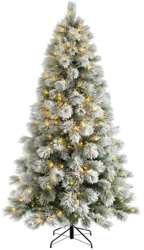 WeRChristmas Pre-lit Snow Drift Flocked Pine Needle Christmas Tree, Multi-Function LED Lights, Warm White, 7 feet/2.1 m, WRC-8550 | Pre Lit Snow Flocked Christmas Tree 7ft, 350 Warm White LEDs, 8 Light Modes, Frosted Pine Needle Design, 2.1m