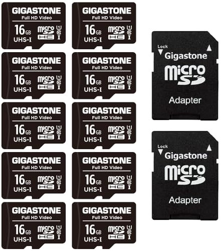 GIGASTONE 16GB MicroSDHC Speicherkarte 10er-Pack + SD Adapter, für Action-Kamera, GoPro, Drohne und Tablet, Lesegeschwindigkeit bis zu 85MB/s, Full HD-Videoaufnahme, Micro SD Karte UHS-I Klasse 10 U1