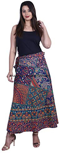 rajwada-Fashion Wrap Around Long Skirt Women 100% Cotton Jaipuri Printed - Multicoloured - Long