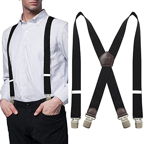 AYAMAYA Hosenträger Herren Breit Leder Schwarze 3.5CM, Extra Stark Hosentraeger mit 4 Clips in X-Form Elastisch und Längenverstellbar Vintage Arbeitshosen Jagd Motorrad Hosenträger fuer herren