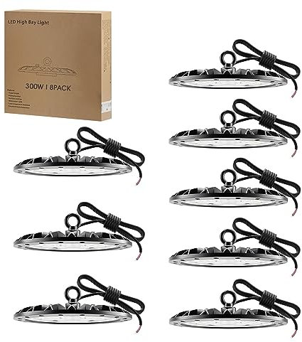 Royana 8pcs 300W 30000LM UFO Lámpara Alta Bahía 6500K Blanco Frío LED Salón Proyector Lámpara, Impermeable IP65 Brillante Iluminación Comercial Bahía Luces para Almacén, Garaje, Fábrica, Taller