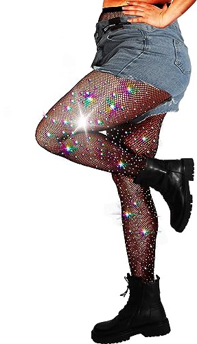 DancMolly 10X Strong Ultra Sparkly Rhinestone Fishnet Stockings, Plus Size Sparkle Fish Net Tights for Women, Sexy Party Concert Outfit, 1 pair Black M-XL