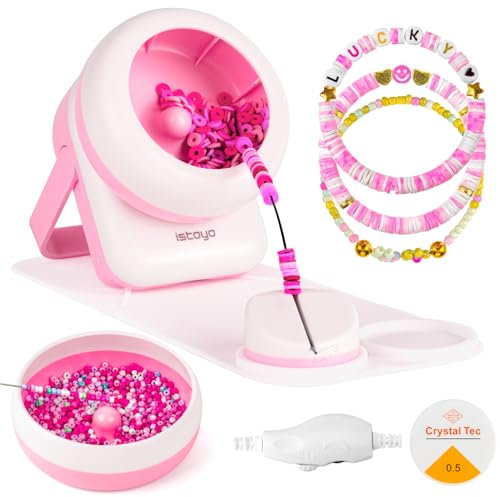 ISTOYO 2IN1 Einstellbarer Elektrischer Clay und Rocaille Perlen Spinner, Zweizweck-Schmuckherstellungswerkzeug mit Großer Ösenperlennadel, Ideal für Armbänder und Halsketten (Rosa)