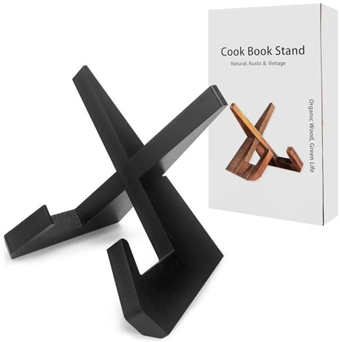 Rustic Wooden Cookbook Holder with Gift Packing Box, Foldable Kitchen Cookbook Holder, Recipe Holder for Kitchen, Country Rustic Book Stand, Farmhouse Style Wooden Book Holder (1 in Black)