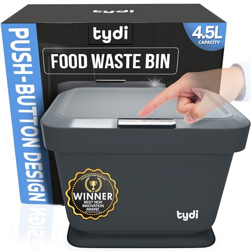 Tydi 4.5L Food Waste Bin with Press-Button Lid – Compost Bins for Kitchen - Anti-Slip Base and Secure Lid Kitchen Compost – Small Indoor Caddy for Cupboard or Countertop – Dark Grey
