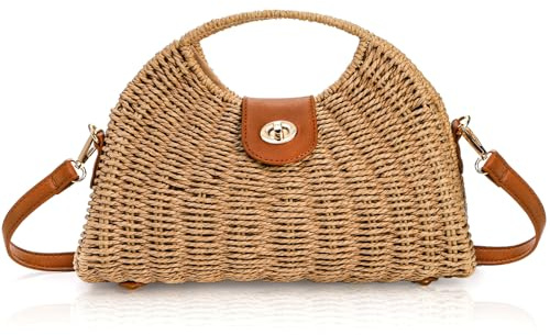 ZAVOOS Straw Crossbody Bag for Women, Handwoven Rattan Beach Straw Purse with Handle, Detachable Strap, Fashionable Dumpling Bag Shoulder Handbag Clutch Purse for Travel, Holiday