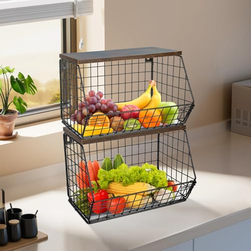 OHMG 2PCS Corbeille a fruit,Panier escalier,Panier a fruit,Rangement legumes cuisine,Garde manger,Panier rangement cuisine mural