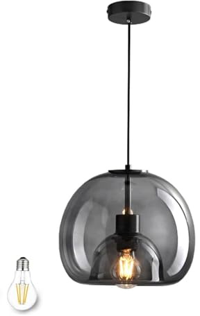 Bravsekai Glass Pendant Kitchen Island Light, 1 Pack Smoke Glass Pendant Lighting fixtures with E27 Bulb, Adjustable 130cm Cord, Modern Light for Kitchen Island, Dining Room(23cm, 1-Pack)