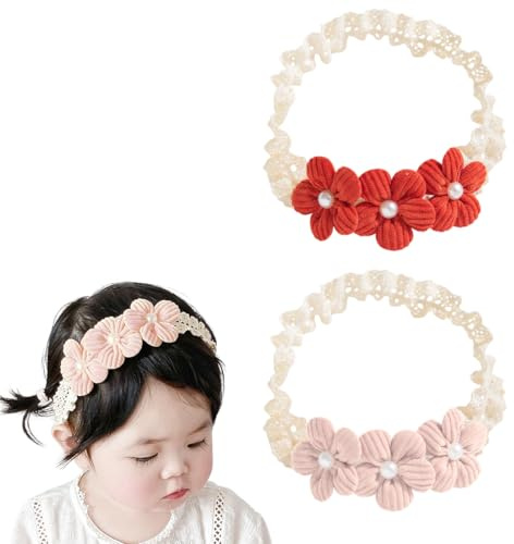 Blommor babypannband, mjuka rosetter babyhår, elastiskt pannband, lämpligt för spädbarn och nyfödda (beige, röd).